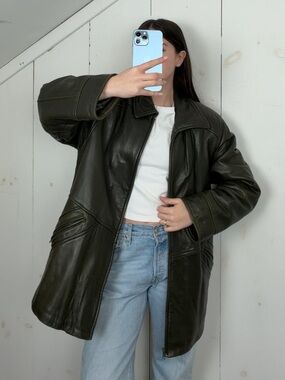 Vintage Danier Green Leather Jacket Women’s Size Medium Mid Length Full Zip 90s